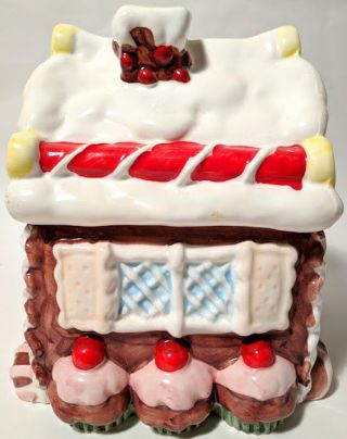 Gingerbread House Ceramic Christmas Cookie Jar Candy Canes Cupcakes Icing 2