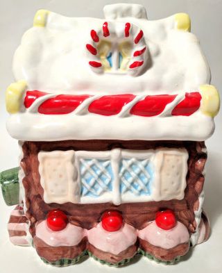 Gingerbread House Ceramic Christmas Cookie Jar Candy Canes Cupcakes Icing 3