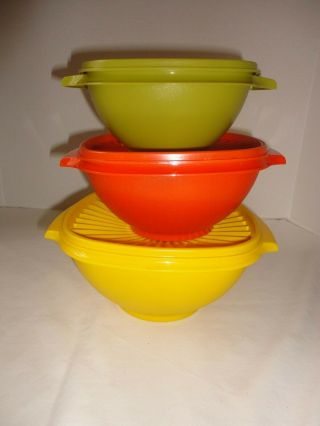 Tupperware Vintage Set Of 3 Servalier Bowls With Lids Harvest Colors