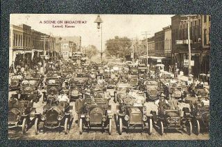 A,  Larned Kansas Automobile Line - Up - Circa 1917 Rppc Photo Grade 5