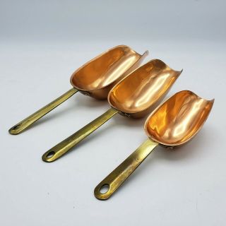 Vintage Set Of 3 French Copper Measuring Scoops W/ Brass Handles