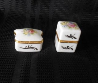 Artoria Limoges France 2 Trinket Pill Boxes White Gold Trim Porcelain Hinged Flo