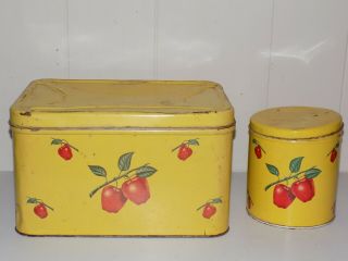 Vintage Decoware Metal Bread Box Hinged Lid Vent Flour Canister Apples
