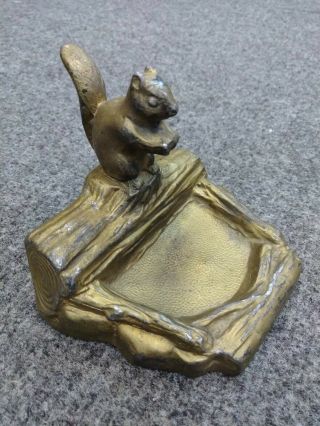 Vintage Antique Painted Heavy Spelter Nut Dish Or Ashtray Base Squirrel On Log
