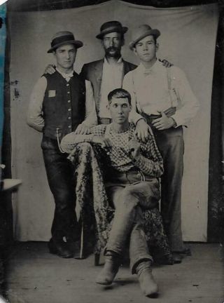 Tintype Photo T1230 4 Men Posing - 3 In Brimmed Hats - 1 W/ Beard