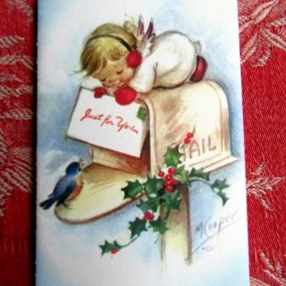 Vintage Rust Craft Angel Christmas Greeting Card Signed M Cooper Bird On Mailbox