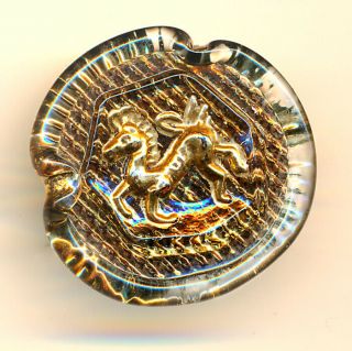 Art Glass Button With Running Horse,  Bimini Orplid Flaming Torch Back Mark