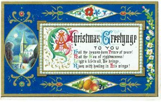 Pretty Victorian Christmas Greetings Card Stylised Border Scenic Fruits