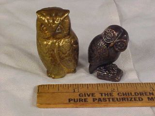 2 Vintage Miniature Owl Figurines - - 1 Brass,  1 Copper