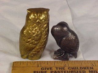2 Vintage Miniature OWL FIGURINES - - 1 Brass,  1 Copper 2