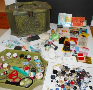 Large Vintage Max Klein Sewing Box Filled - Notions Sewing Supplies Olive Green