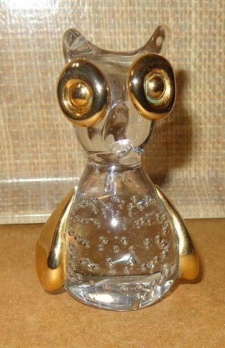 Old Vintage Blown Glass Owl Paperweight Clear Big Gold Leaf? Eyes Wings