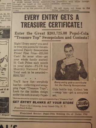 1948 KANSAS NEWSPAPER PAGES J7591 - PEPSI - COLA CASH CONTEST - SET OF 4 ADS 2