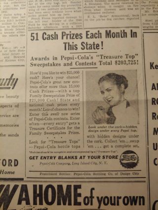 1948 KANSAS NEWSPAPER PAGES J7591 - PEPSI - COLA CASH CONTEST - SET OF 4 ADS 3
