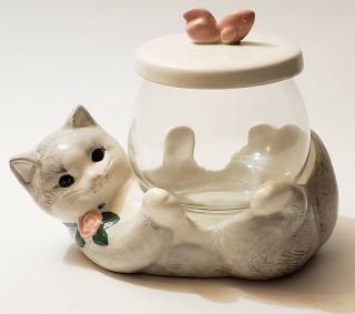 Vintage Treasure Craft Kitty Cat Goldfish Bowl Cookie Jar Glass/ceramic Art