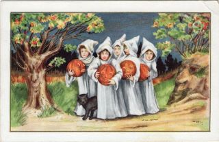 Halloween Postcard,  Published By Whitney,  Children With Jols And Black Cat.