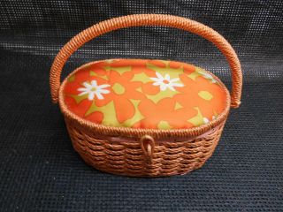 Old Vtg Orange Sewing Basket Hippie Flowers Knitting Made Japan Pin Cushion Top