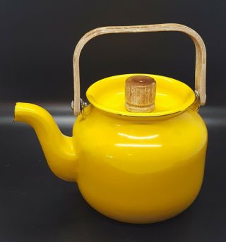 Vivid Vintage Mcm Style Yellow Enamel Teapot Wood Handle Kettle Tea Pot