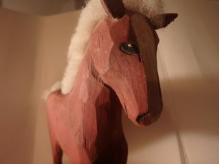 Vintage Wooden Hand - Carved Horse 7 1/2 " Tall Brown W/ White Soaks Leather Ears