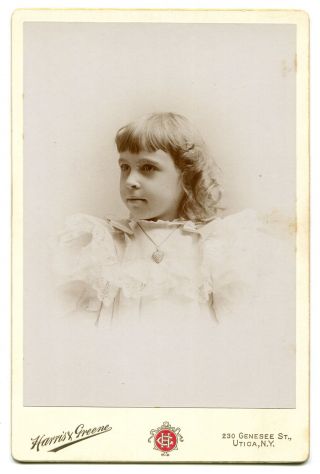 Pretty Little Girl,  Heart Locket Necklace.  Cabinet Card.  Utica,  N.  Y.