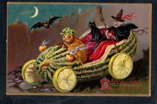 E128 Postcard Halloween Jol Man Drives Witch Black Cat In Watermelon Car Tuck
