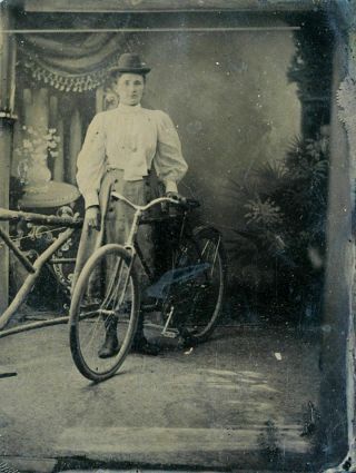 1860 - 1869 Tintype Woman On Bicycle With No Fenders In Studio Set Photograph