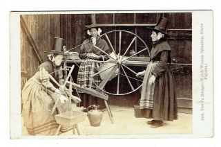Victorian Cdv Photo Ethnic Wales Welsh Women Spinning National Costume