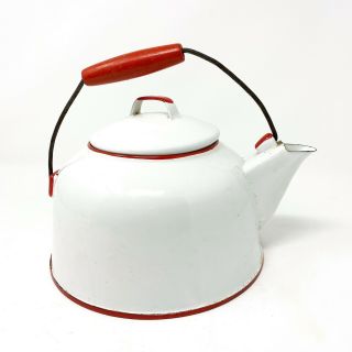 Enamel Ware Red & White Tea Kettle With Wooden Handle Vintage Farmhouse Pot