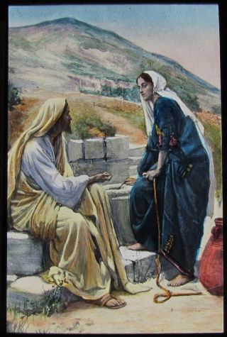 Glass Magic Lantern Slide The Woman Of Samaria C1890 Old Religious Drawing Jesus