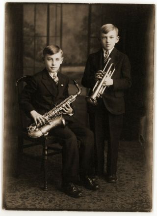1920s Holgerson Chicago Studio Photo Boys With Trumpet & Saxophone