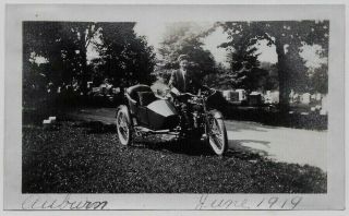 Old Photo Man Harley Davidson Motorcycle With Sidecar Cemetery Auburn Ny 1910s