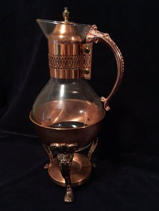Vintage Copper Carafe Corning Copper And Glass Coffee Carafe w/ Warming Stand 2