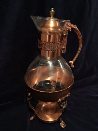 Vintage Copper Carafe Corning Copper And Glass Coffee Carafe w/ Warming Stand 3