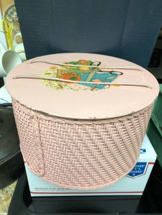 Vintage Princess Pink Wicker Sewing Box Basket With Sewing Stuff,  Sticker On