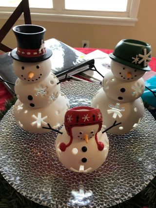 Partylite Mr & Mrs Snow And Jr.  Family Tealight Holder Please Read Descrip