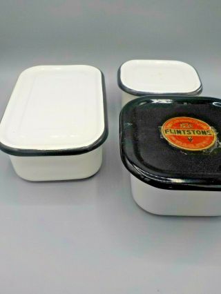 3 Vintage Enamel Refrigerator Dishes W/lids Black & White Enamelware Square