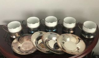 Vintage Silver & Porcelain Espresso Set Cups Saucer Holder Made In Italy Ipa