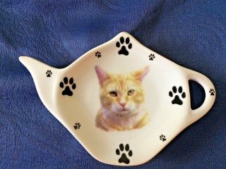 Orange Tabby Cat Handmade Ceramic Porcelain Tea Bag Holder Spoon Rest Pets
