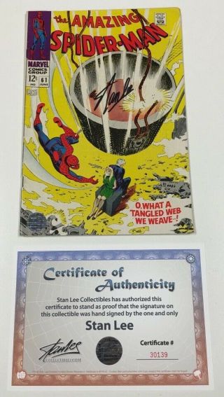 Marvel Spider - Man 61 Signed Stan Lee W/coa 1st Gwen Stacy Cover 1968