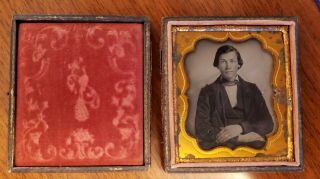 " Antique Tintype " Photo In Velvet Leather Case With Date 1860