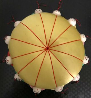 Vintage Chinese Oriental Silk Pin Cushion With 12 Asian Figures