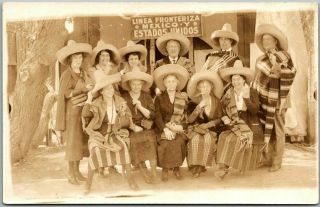 1920s Tijuana Mexico Rppc Photo Postcard Tourists At Border Cigarettes Sombreros