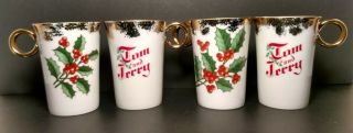 4 - Tom And Jerry 1963 Holiday Christmas Mugs Fine Porcelain China,  Gold Trimmed