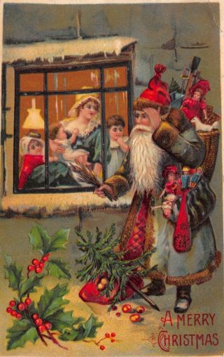 Christmas Postcard Blue Suited Santa Claus Watching Family Thru Window 118241