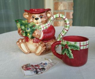 Fitz And Floyd Teapot & Cup Bear Christmas Holiday Snack Therapy Bear In A Box