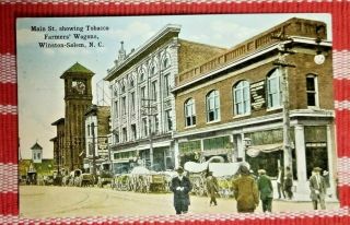 Early Vint Postcard Winston - Salem,  North Carolina Main St Tobacco Farmers Wagons