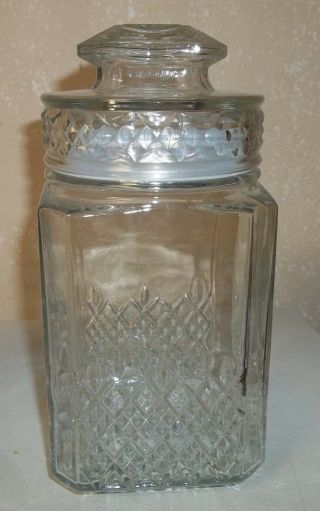 2 Medium Vintage Clear Glass Koeze ' s Apothecary Jar Canisters w/Lids 2