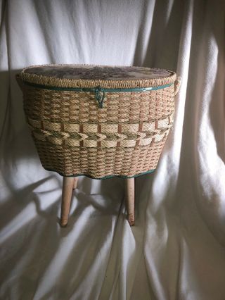 Vintage Rattan Sewing Basket On Legs Satin Lining Green & Beige
