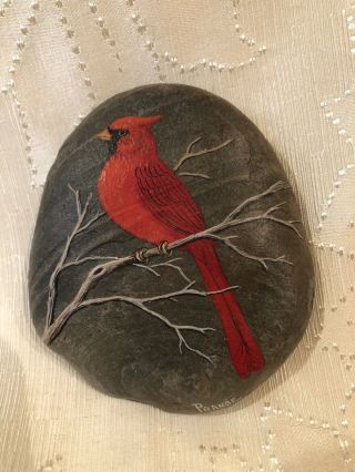Vintage Cardinal Bird On Stone Hand Painted & Signed By Prange