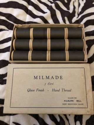 Vintage Old Stock Store Box Of Thread Wood Spools Milmade Glacé 3 Cord